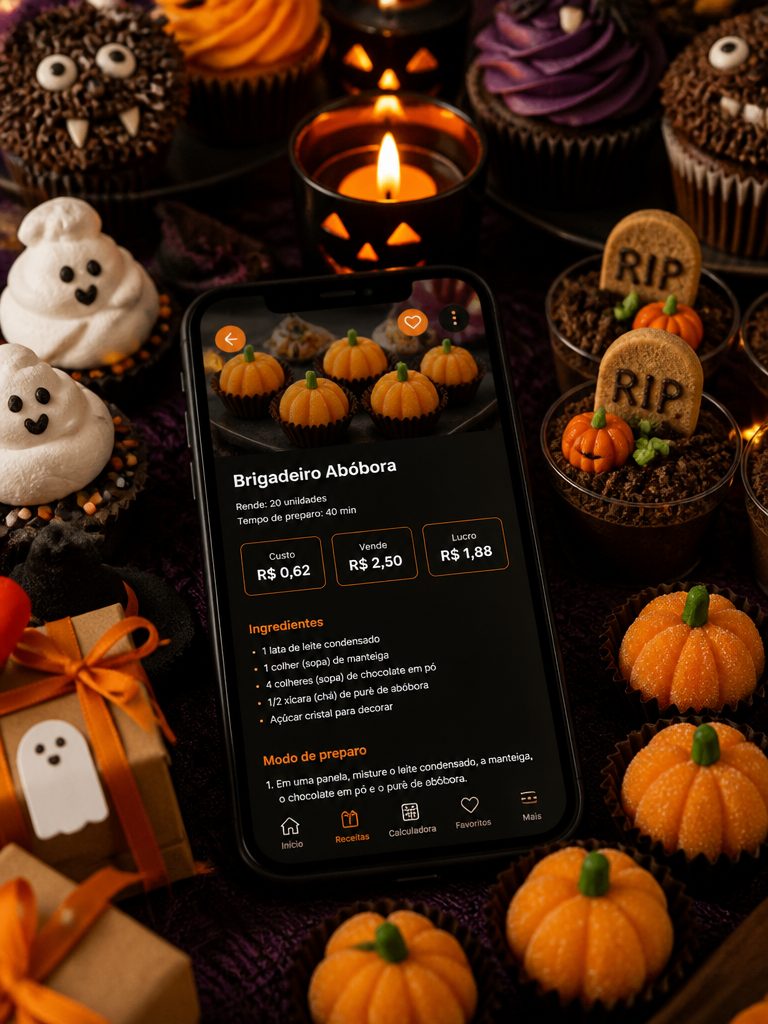 Celular com a receita do Brigadeiro Abóbora: custo R$ 0,62, vende R$ 2,50, lucro R$ 1,88