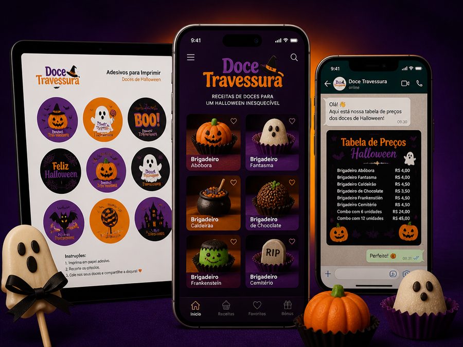 App Doce Travessura aberto no celular, com receitas, etiquetas e tabela de preços